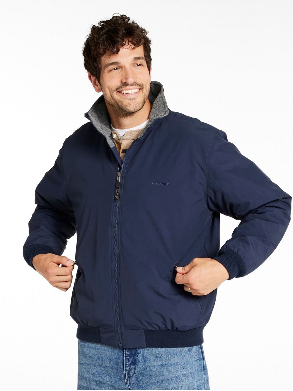 LL Bean Warm-Up Jacket Mens Medium Blue Fleece Lined Nylon Bomber Full Zip